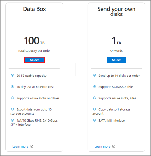 Screenshot delle opzioni di capacità di Data Box disponibili durante la creazione di un ordine di esportazione di Data Box.