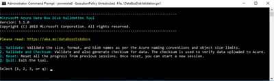 Screenshot che mostra l'output dello strumento di convalida Data Box Disk.