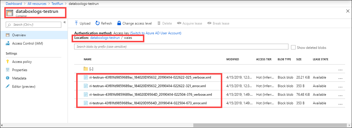 Screenshot dei log degli errori e dei log verbosi in un account di archiviazione per un ordine di Azure Data Box Disk. I log nei contenitori W-A-I-E-S sono evidenziati.