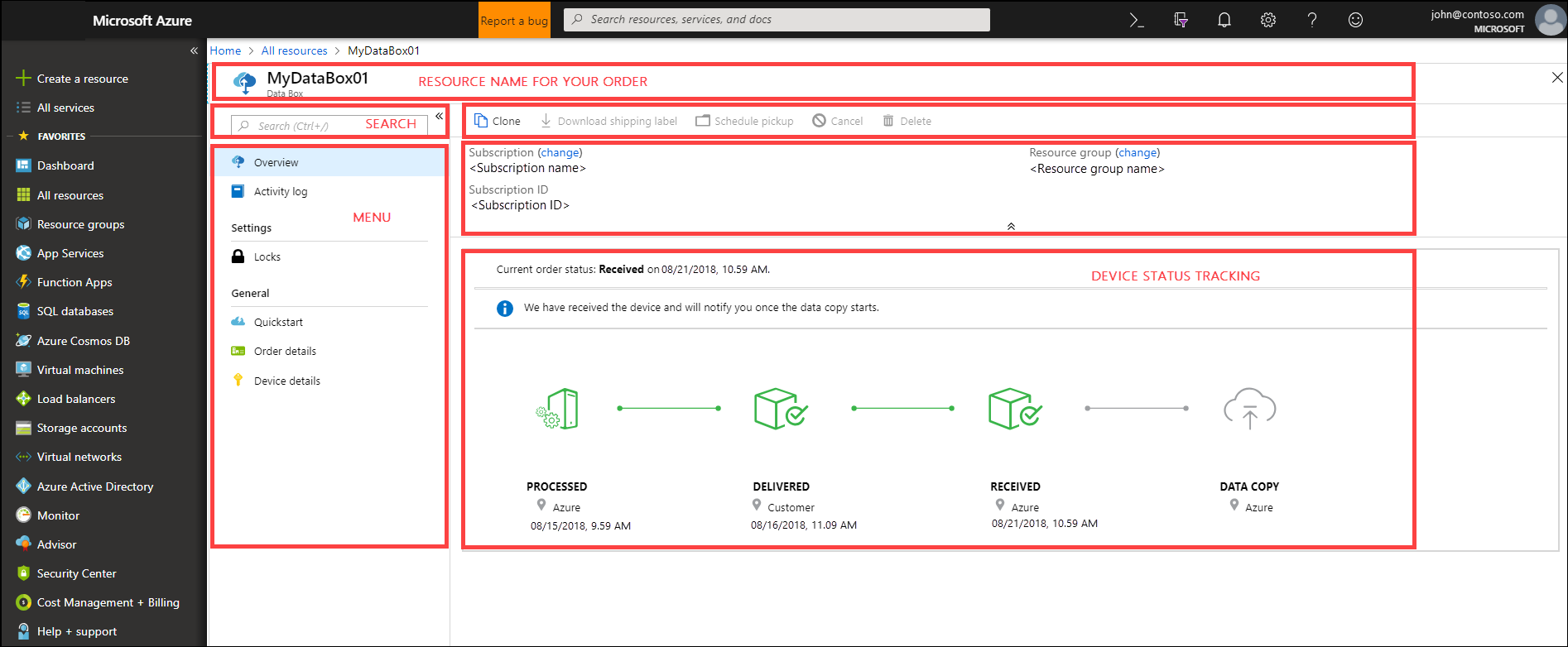 Screenshot del servizio Data Box nel portale di Azure.