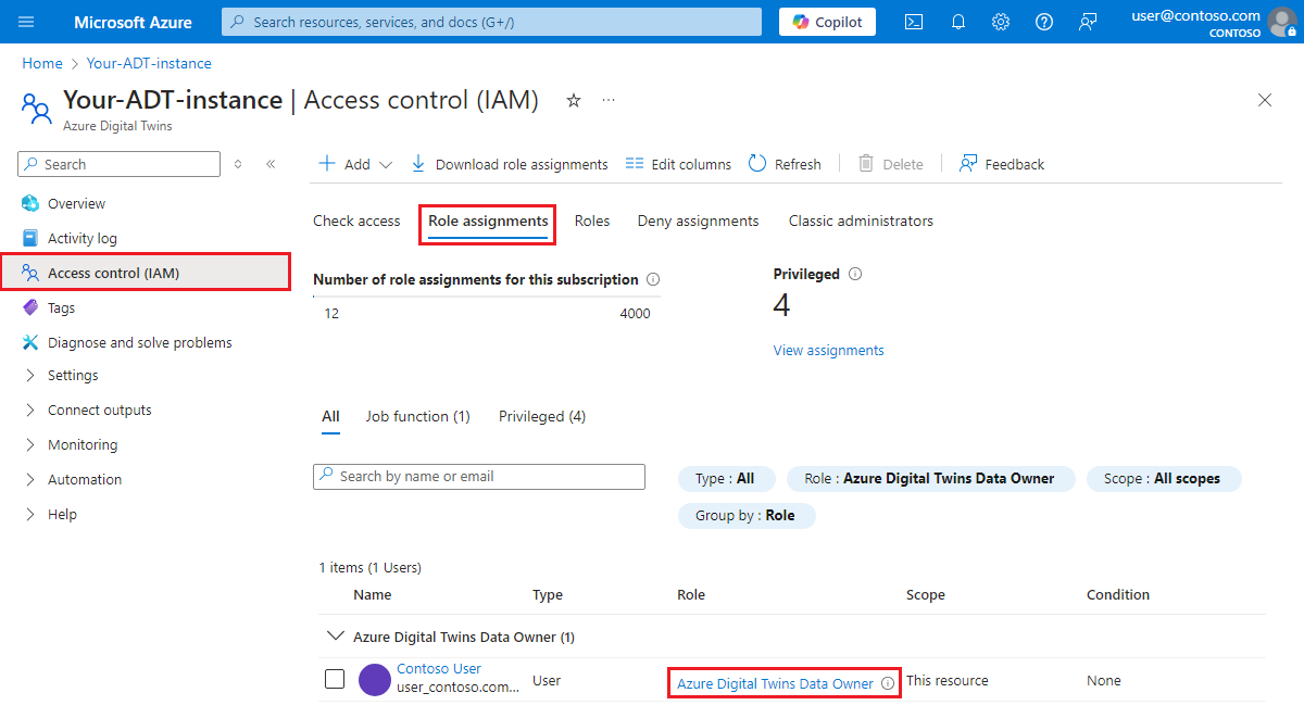 Screenshot delle assegnazioni di ruolo per un'istanza di Azure Digital Twins nel portale di Azure.