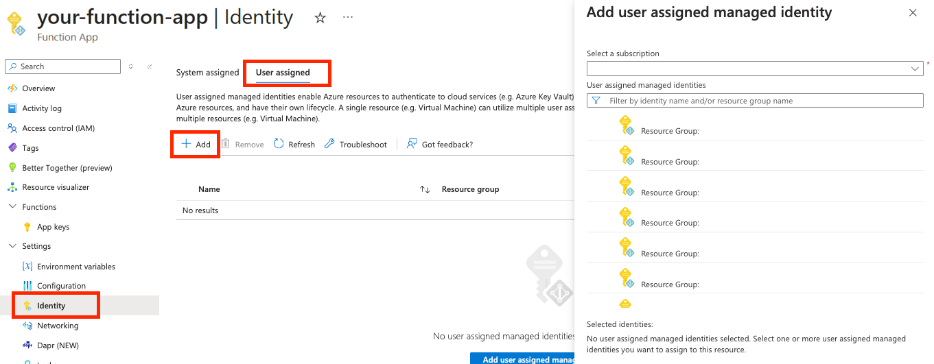 Screenshot dell'aggiunta dell'identità gestita assegnata dall'utente all'app per le funzioni nel portale.