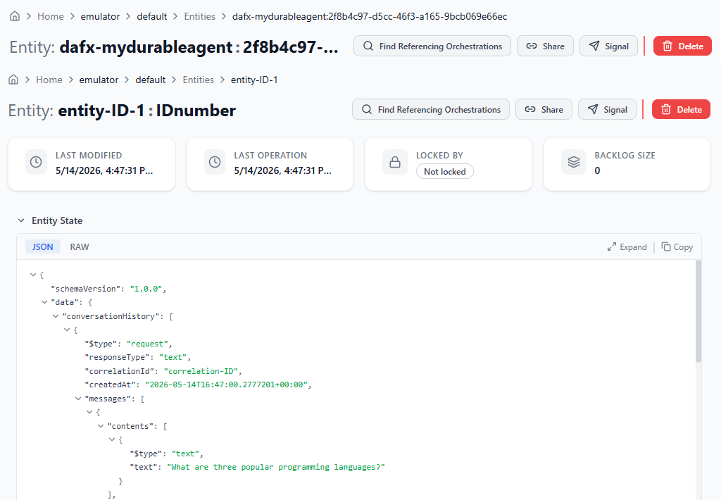 Schermata di una singola entità monitorata nel dashboard di Durable Task Scheduler.