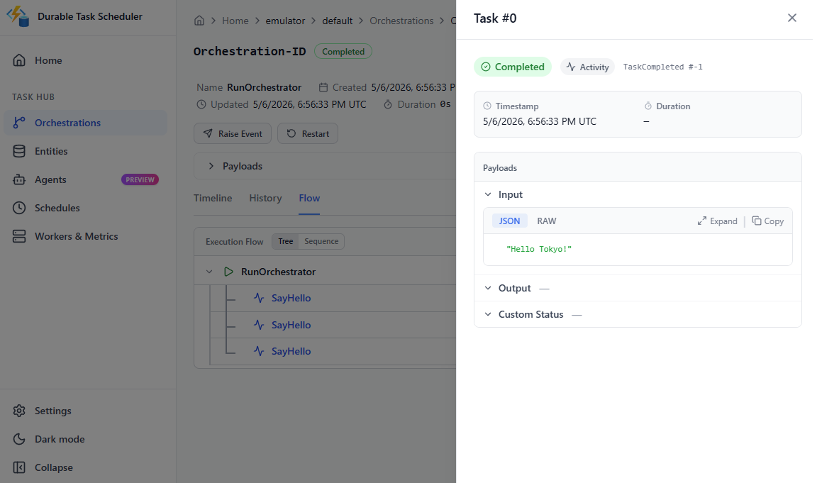 Screenshot del riquadro in cui è possibile visualizzare l'input, l'output e lo stato di un'attività tramite la visualizzazione flusso.
