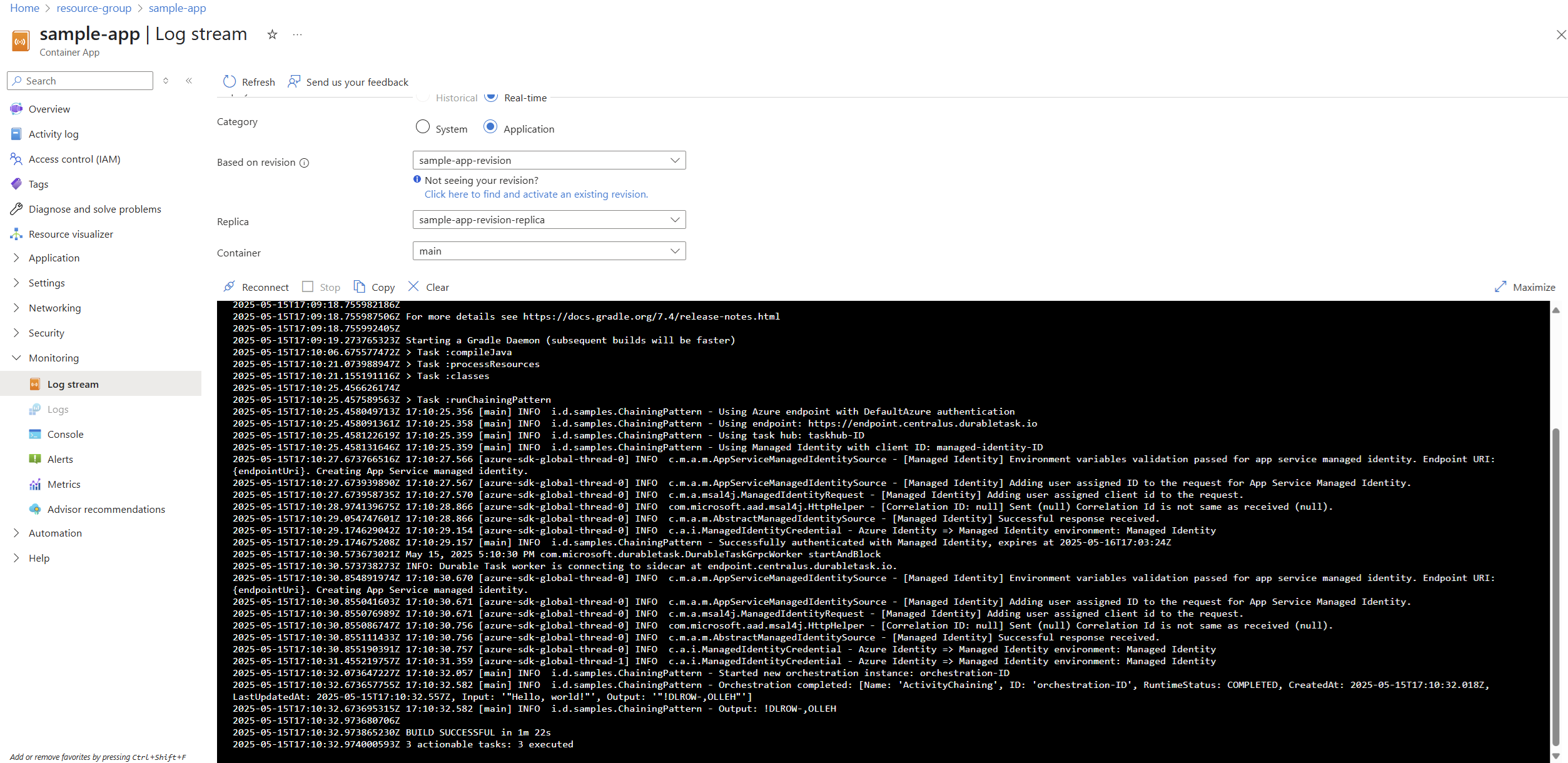 Screenshot del flusso di log dell'app di esempio Java nel portale di Azure.