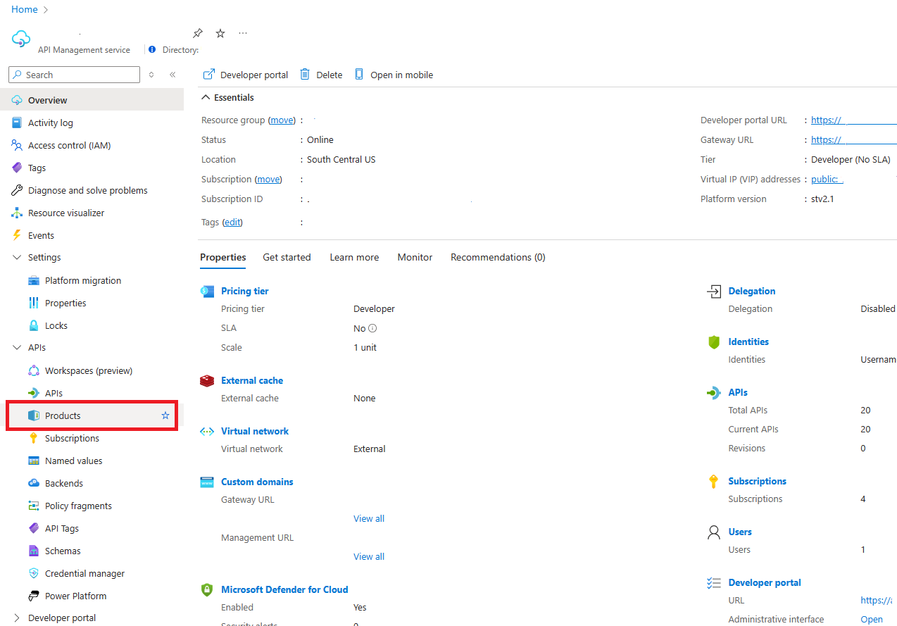 Screenshot della scheda Prodotti nell'istanza di Gestione API.