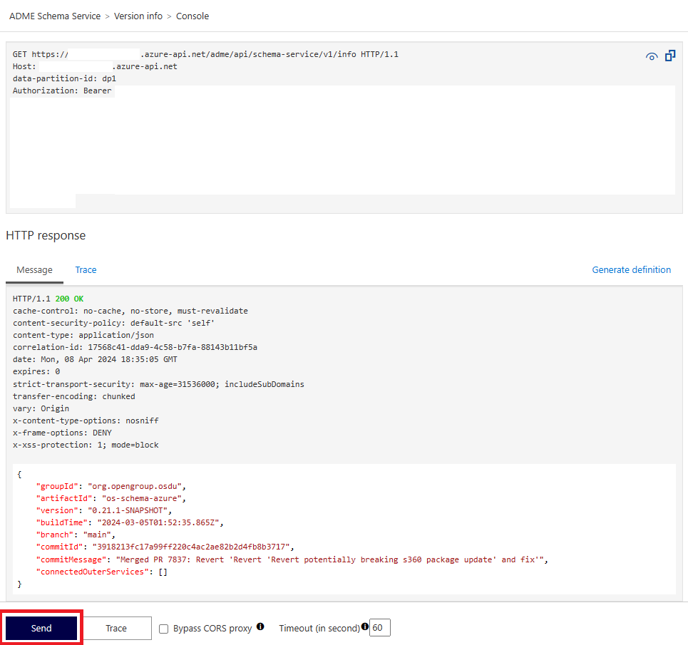 Screenshot della console di test dell'API Crea dall'API.