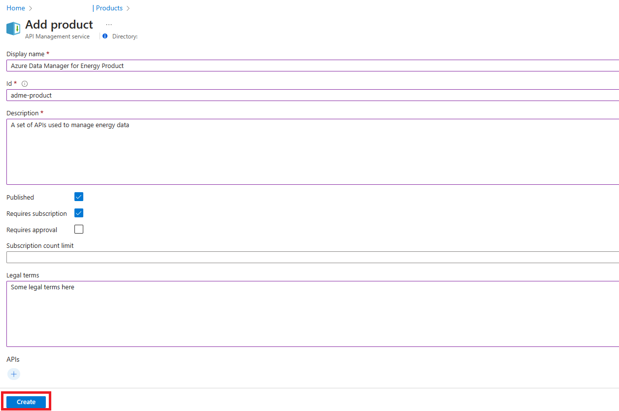 Screenshot della pagina Aggiungi prodotti nell'istanza di Gestione API.