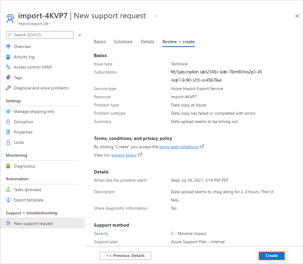 Screenshot che mostra la scheda Rivedi e Crea per una nuova richiesta di supporto di Azure. Il pulsante Crea è evidenziato.