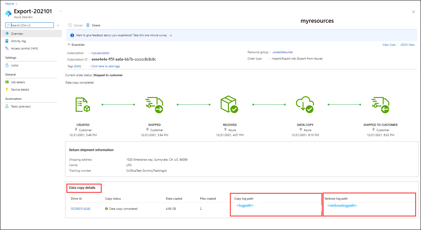Screenshot che mostra un processo di esportazione completato in Importazione/Esportazione di Azure. In Dettagli della copia dei dati, le opzioni Percorso log di copia e Percorso log dettagliato sono evidenziate.