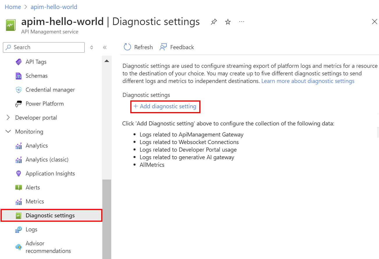 Screenshot dell'aggiunta di un'impostazione di diagnostica nel portale.