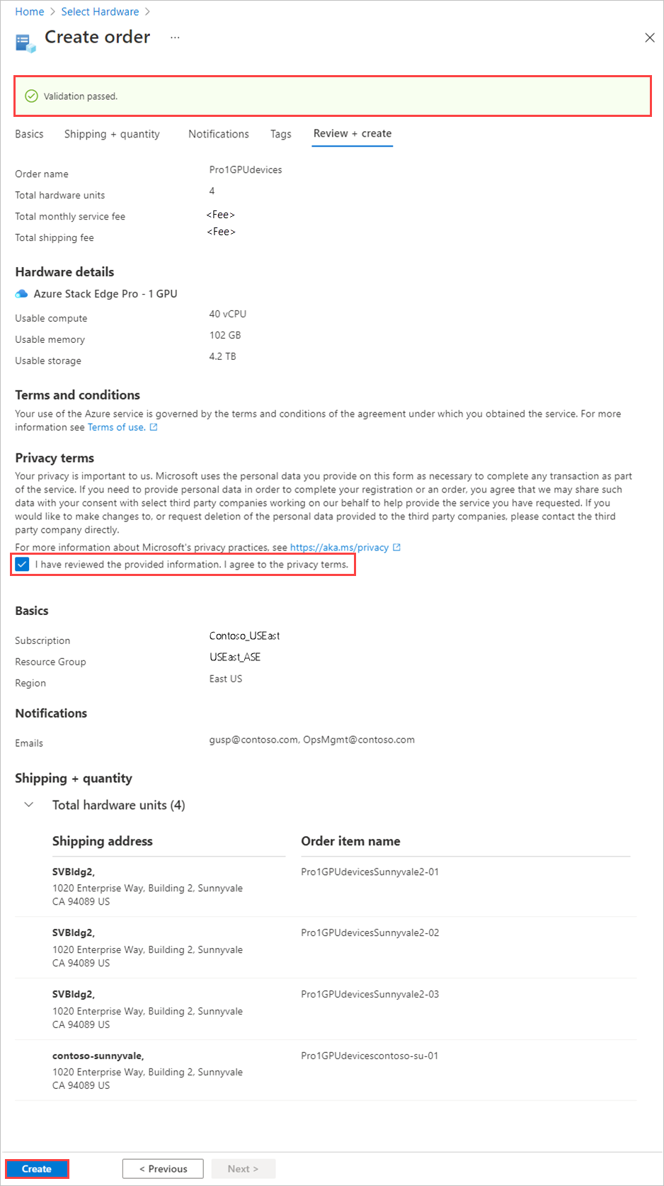 Screenshot della scheda Verifica e crea per un ordine del Centro hardware Edge di Azure