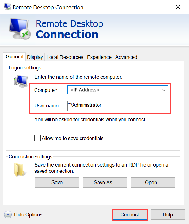 Screenshot del pannello di Connessione Desktop remoto per connettersi tramite RDP alla VM Windows.