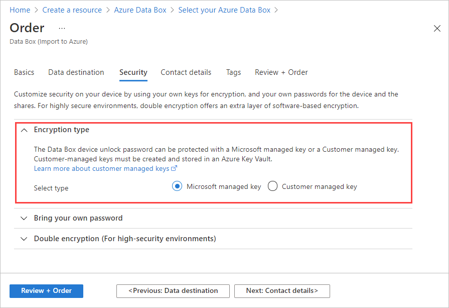 Screenshot della scheda Sicurezza nella procedura guidata per l'ordine Data Box. Le impostazioni Tipo di crittografia sono ampliate ed evidenziate.