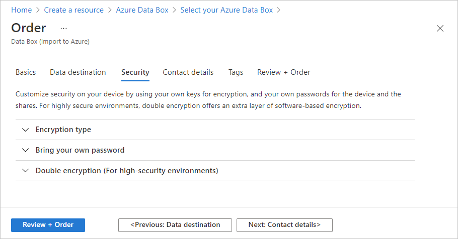 Screenshot della scheda Sicurezza di un ordine di importazione Data Box. La scheda Sicurezza è evidenziata.