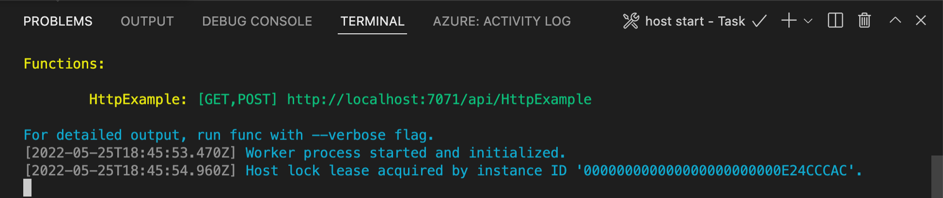 Screenshot dell’output di VS Code della funzione locale.