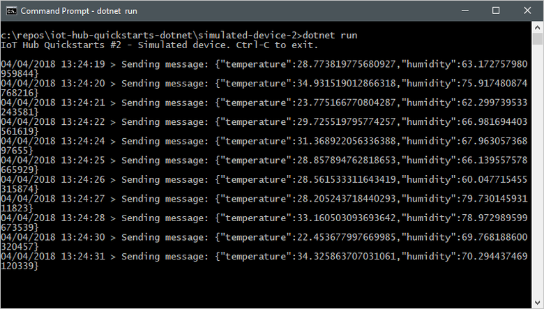 Screenshot di una finestra del terminale che mostra l'output dell'applicazione del dispositivo simulato.