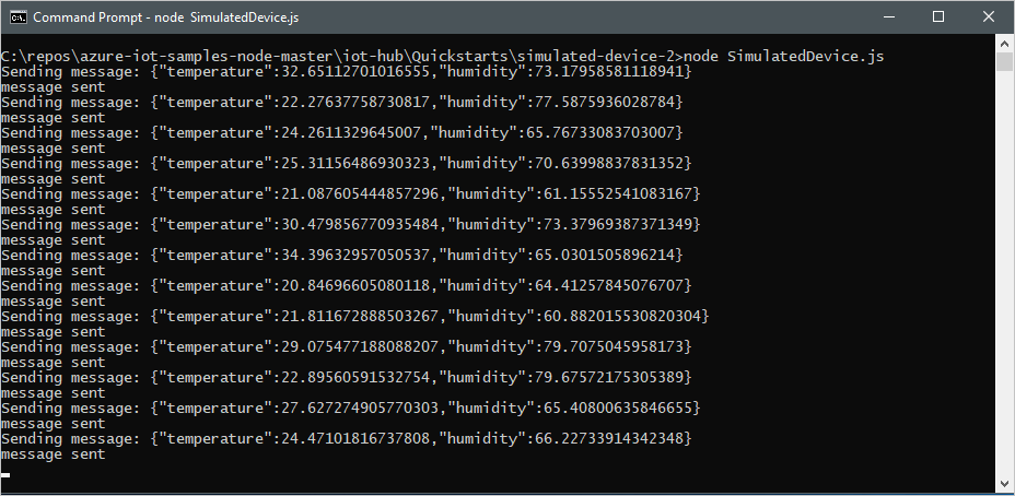 Screenshot di una finestra del terminale che mostra l'output dell'applicazione del dispositivo simulato.