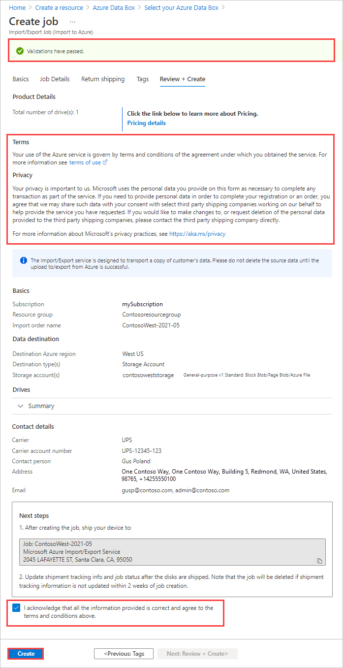 Screenshot che mostra la scheda Rivedi e crea per un processo di importazione/esportazione di Azure. Lo stato di convalida, i termini e il pulsante Crea sono evidenziati.
