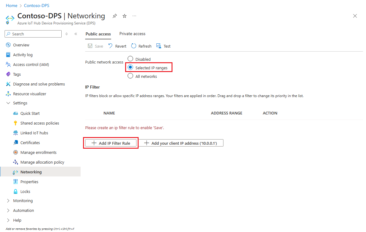 Screenshot che mostra come aggiungere una regola di filtro IP a un'istanza del servizio Device Provisioning IoT nel portale di Azure.