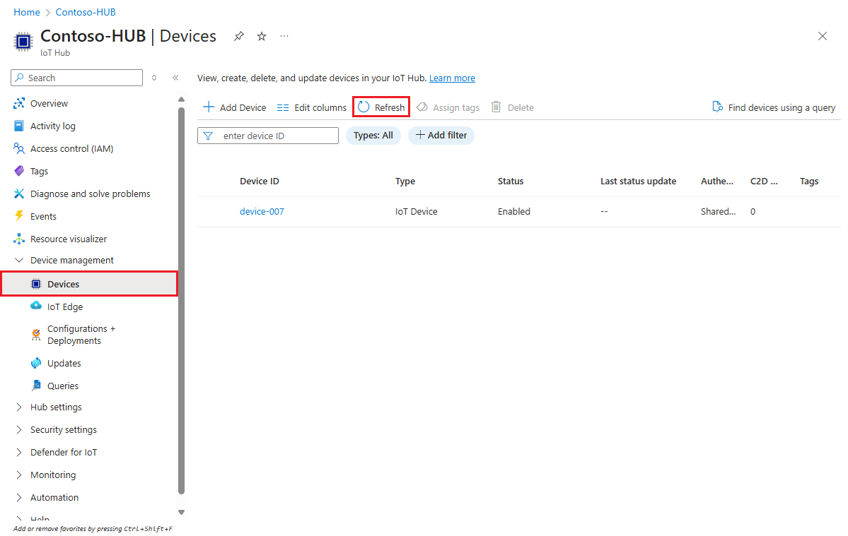 Screenshot che mostra che il dispositivo di cui è stato effettuato il provisioning è registrato con l'hub IoT.