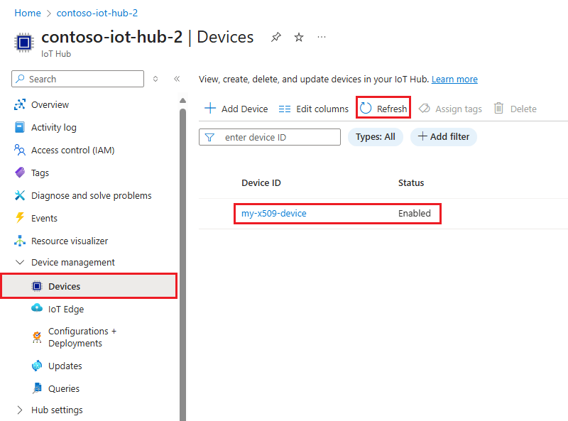 Screenshot che mostra che il dispositivo è registrato con l'hub IoT nel portale di Azure.
