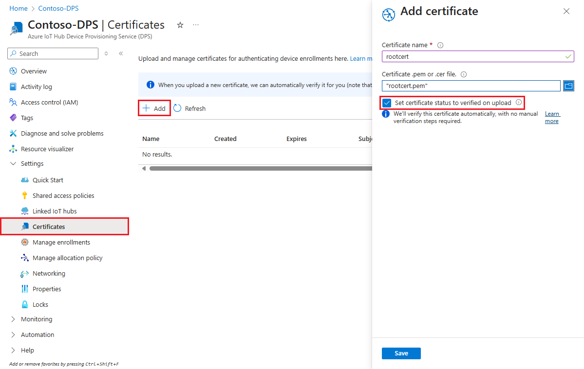 Screenshot che mostra l'aggiunta del certificato CA radice a un'istanza del servizio Device Provisioning.