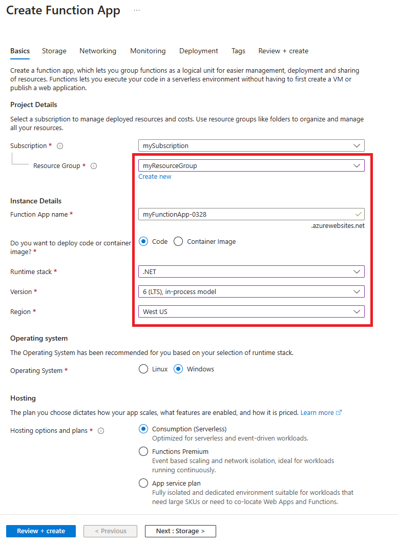 Screenshot che mostra la pagina Crea app per le funzioni nel portale di Azure.