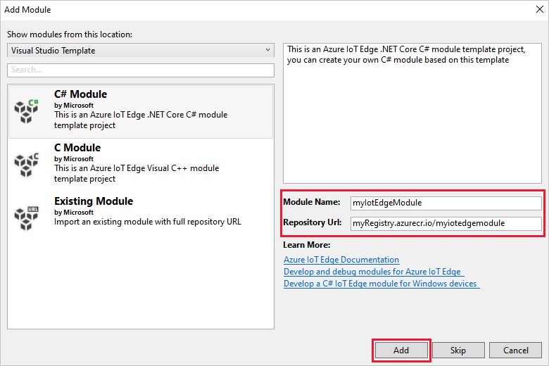 Screenshot delle selezioni per aggiungere un'applicazione e un modulo a una soluzione Visual Studio.