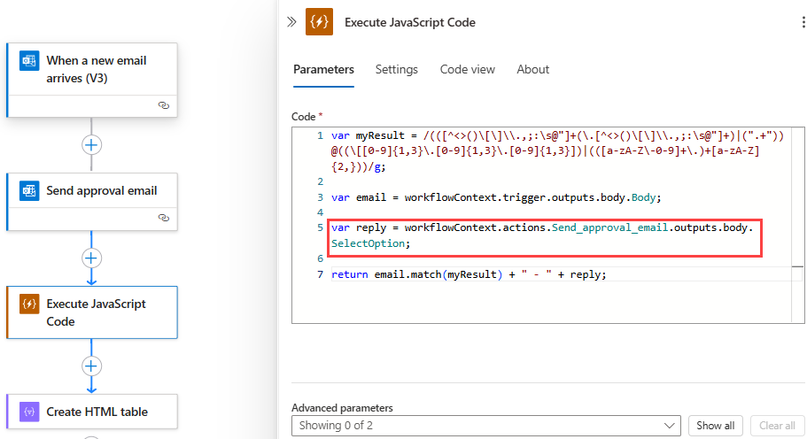 Screenshot che mostra il flusso di lavoro A consumo e l'azione Esegui codice JavaScript con il frammento di codice di esempio aggiornato.