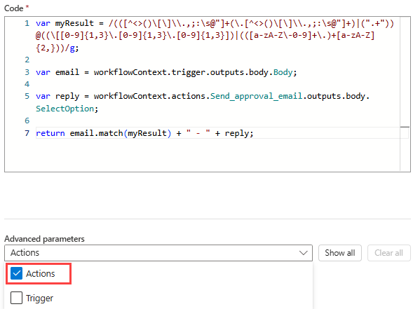Screenshot che mostra l'azione Esegui codice JavaScript con il parametro Actions selezionato.