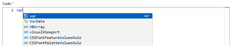 Screenshot che mostra il flusso di lavoro A consumo, l'azione Esegui codice JavaScript e l'elenco di completamento automatico delle parole chiave.