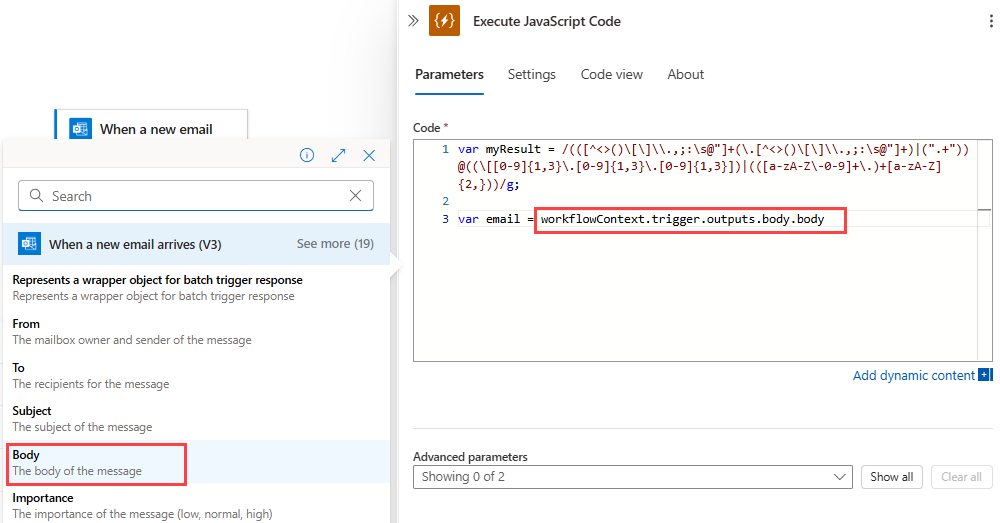 Screenshot che mostra il flusso di lavoro A consumo, l'azione Esegui codice JavaScript, l'elenco di contenuto dinamico e la proprietà Corpo del messaggio di posta elettronica selezionata.
