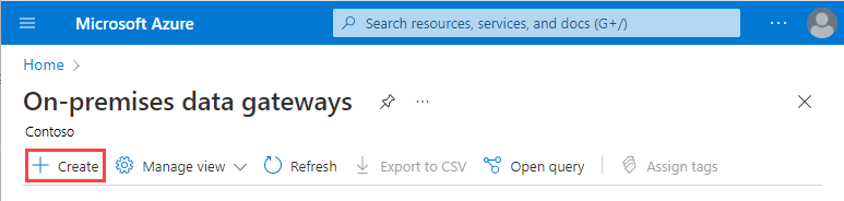Screenshot che mostra la pagina per i gateway dati locali con l'opzione Crea selezionata.