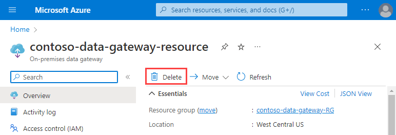 Screenshot che mostra la risorsa gateway dati locale nel portale di Azure. Sulla barra degli strumenti è selezionata l'opzione Elimina.