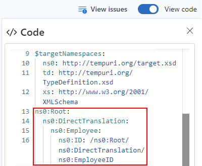 Screenshot che mostra il riquadro Codice con mapping diretto tra EmployeeID e ID rispettivamente negli schemi di origine e di destinazione.
