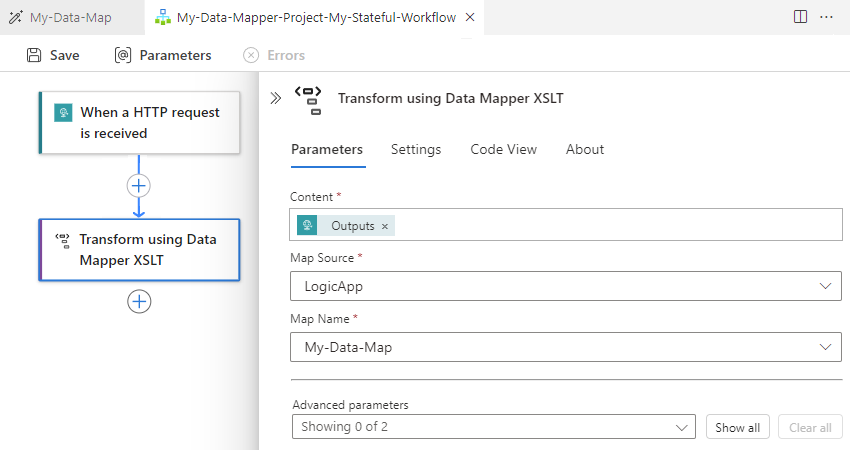Screenshot che mostra Visual Studio Code, Finestra di progettazione del flusso di lavoro Standard, con l'azione selezionata denominata Trasforma tramite XSLT di Data Mapper.