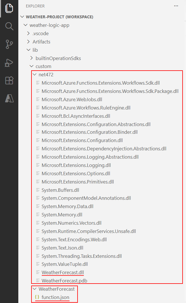 La schermata mostra l'area di lavoro delle app logiche con progetti di app .NET e di logica. Gli assembly appena generati e altri file richiesti sono visibili.