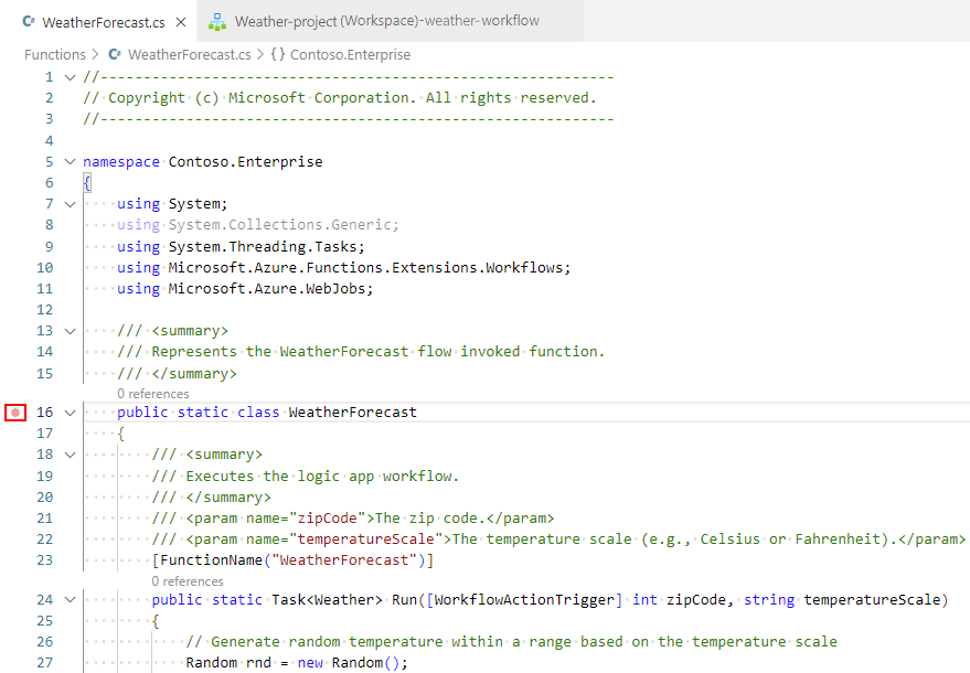 Screenshot che mostra il file di codice della funzione aperta con un punto di interruzione impostato per una riga nel codice.