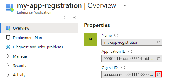 Screenshot che mostra la registrazione dell'app con l'ID oggetto selezionato.
