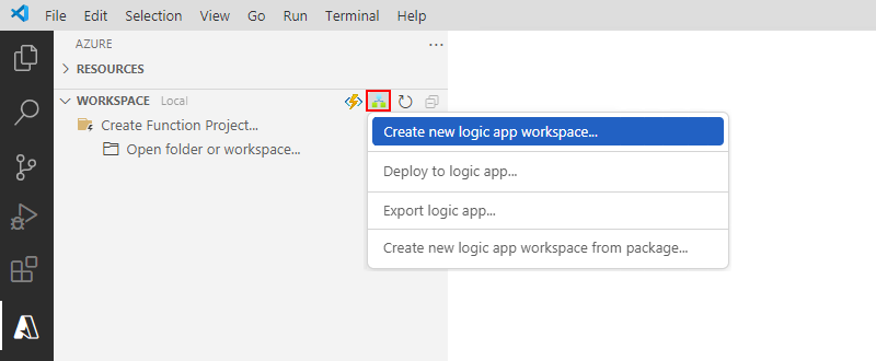 Screenshot che mostra il riquadro di Azure, la barra degli strumenti dell'area di lavoro, il menu App per la logica di Azure e l'elemento selezionato Crea nuova area di lavoro per le app per la logica.