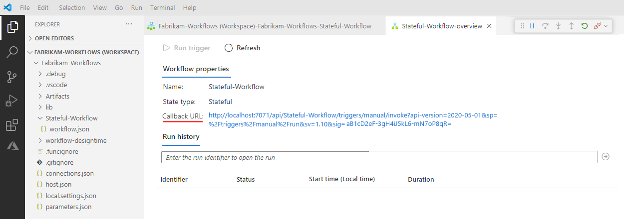 Screenshot che mostra la pagina di panoramica del flusso di lavoro con l'URL di callback.