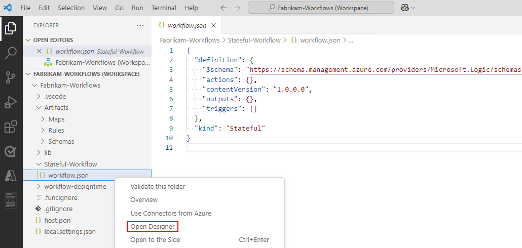 Screenshot che mostra il riquadro Explorer, il menù di scelta rapida dei file workflow.json e l'opzione Apri finestra di progettazione selezionata.