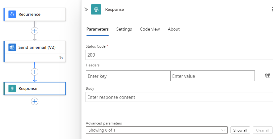 Screenshot che mostra la finestra di progettazione del flusso di lavoro e il riquadro Informazioni sulla risposta.