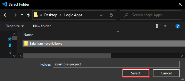 Screenshot che mostra la casella Seleziona cartella e la nuova area di lavoro e la nuova cartella del progetto con il pulsante Seleziona selezionato.