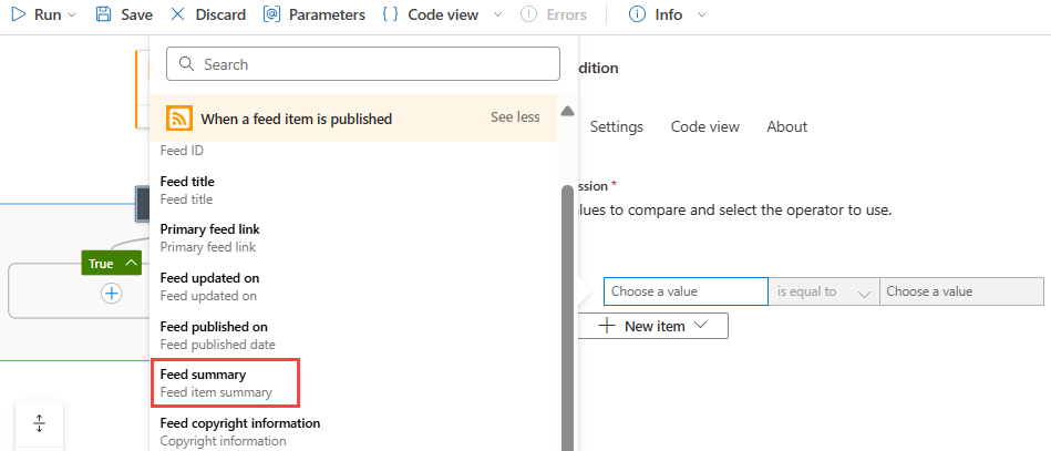 Screenshot che mostra il portale di Azure, la finestra di progettazione del flusso di lavoro A consumo, il trigger RSS e l'azione Condizione con la costruzione dei criteri.