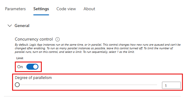 Screenshot che mostra l'azione Per ogni, la scheda Impostazioni e l'impostazione Controllo di concorrenza attivata con il dispositivo di scorrimento Grado di parallelismo impostato su 1.