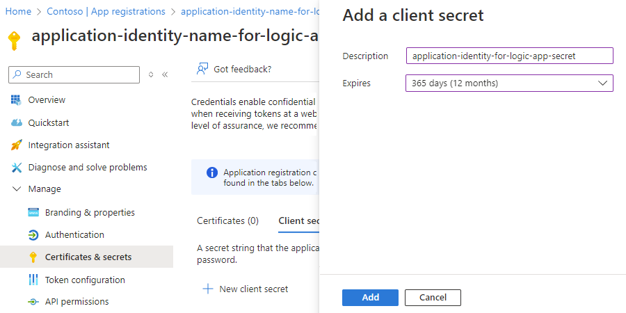 Screenshot che mostra la creazione di segreti per l'identità dell'applicazione.