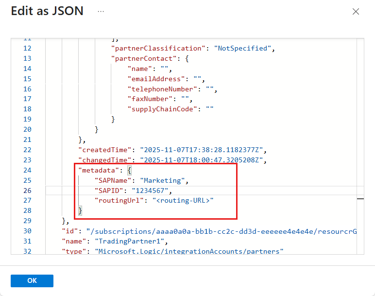 Screenshot che mostra il codice JSON per TradingPartner1 con tre coppie chiave-valore evidenziate.
