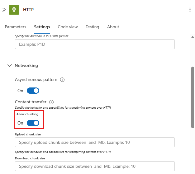 La screenshot mostra le impostazioni per un'azione HTTP, con Consenti la segmentazione selezionata. Attivare la segmentazione.